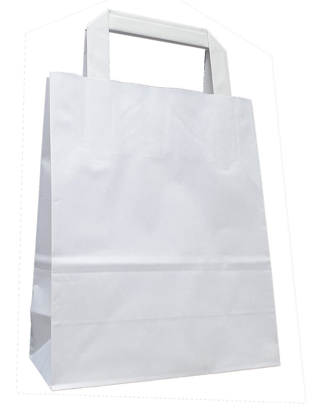 Weiße Papiertragetasche mit Flachhenkeln und verstärkten Blatt-Innenflachhenkeln
