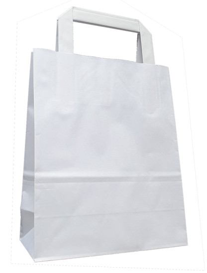 Weiße Papiertragetasche mit Flachhenkeln und verstärkten Blatt-Innenflachhenkeln
