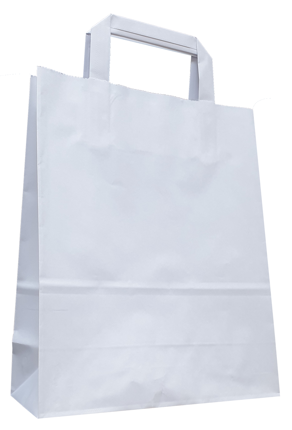 Weiße Papiertragetasche mit Flachhenkeln und verstärkten Blatt-Innenflachhenkeln