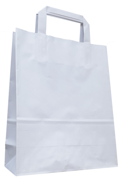 Weiße Papiertragetasche mit Flachhenkeln und verstärkten Blatt-Innenflachhenkeln