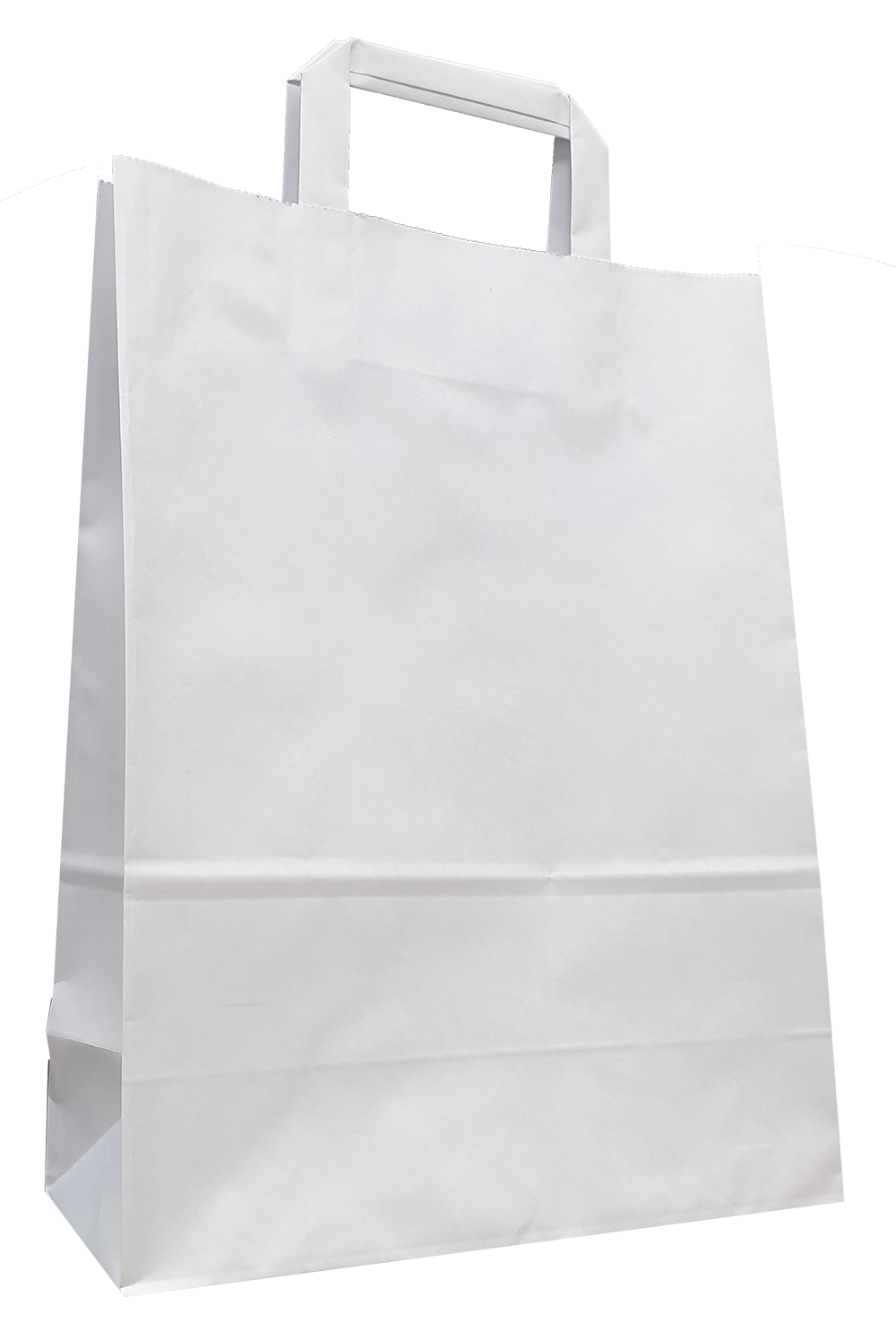 Weiße Papiertragetasche mit Flachhenkeln und verstärkten Blatt-Innenflachhenkeln