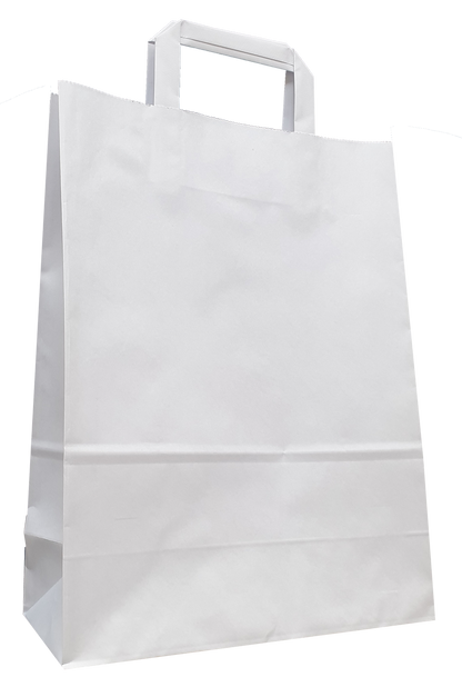 Weiße Papiertragetasche mit Flachhenkeln und verstärkten Blatt-Innenflachhenkeln