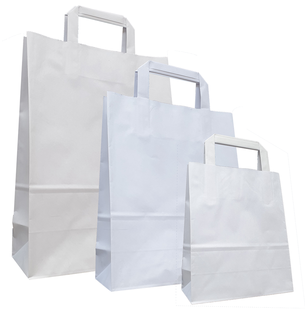 Weiße Papiertragetasche mit Flachhenkeln und verstärkten Blatt-Innenflachhenkeln
