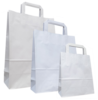 Weiße Papiertragetasche mit Flachhenkeln und verstärkten Blatt-Innenflachhenkeln