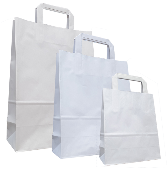 Weiße Papiertragetasche mit Flachhenkeln und verstärkten Blatt-Innenflachhenkeln